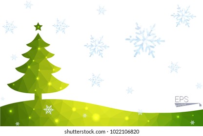 Green postcard low polygon style christmas tree vector illustration consisting of triangles.Abstract triangular polygonal origami or crystal design of New Year celebration.Isolated on white background