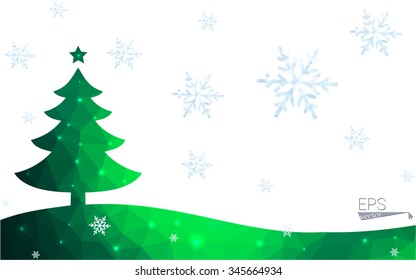 Green postcard low polygon style christmas tree vector illustration consisting of triangles.Abstract triangular polygonal origami or crystal design of New Year celebration.Isolated on white background