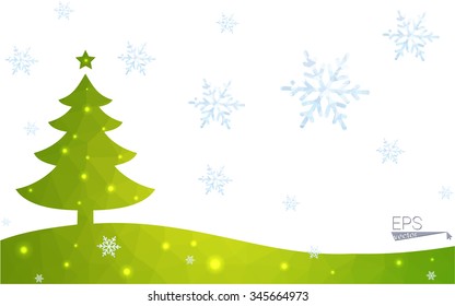 Green postcard low polygon style christmas tree vector illustration consisting of triangles.Abstract triangular polygonal origami or crystal design of New Year celebration.Isolated on white background