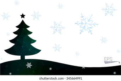 Green postcard low polygon style christmas tree vector illustration consisting of triangles.Abstract triangular polygonal origami or crystal design of New Year celebration.Isolated on white background