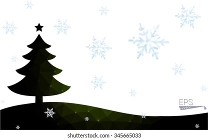 Green postcard low polygon style christmas tree vector illustration consisting of triangles.Abstract triangular polygonal origami or crystal design of New Year celebration.Isolated on white background