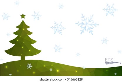 Green postcard low polygon style christmas tree vector illustration consisting of triangles.Abstract triangular polygonal origami or crystal design of New Year celebration.Isolated on white background