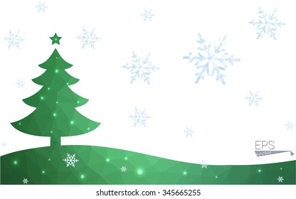 Green postcard low polygon style christmas tree vector illustration consisting of triangles.Abstract triangular polygonal origami or crystal design of New Year celebration.Isolated on white background