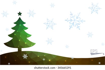 Green postcard low polygon style christmas tree vector illustration consisting of triangles.Abstract triangular polygonal origami or crystal design of New Year celebration.Isolated on white background