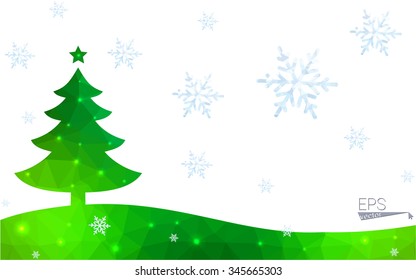 Green postcard low polygon style christmas tree vector illustration consisting of triangles.Abstract triangular polygonal origami or crystal design of New Year celebration.Isolated on white background