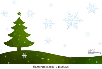 Green postcard low polygon style christmas tree vector illustration consisting of triangles.Abstract triangular polygonal origami or crystal design of New Year celebration.Isolated on white background