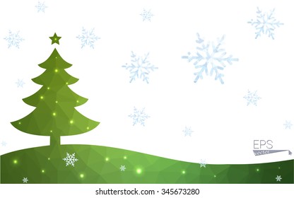 Green postcard low polygon style christmas tree vector illustration consisting of triangles.Abstract triangular polygonal origami or crystal design of New Year celebration.Isolated on white background