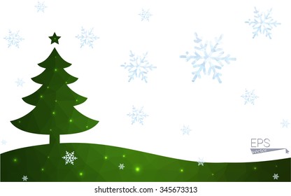 Green postcard low polygon style christmas tree vector illustration consisting of triangles.Abstract triangular polygonal origami or crystal design of New Year celebration.Isolated on white background