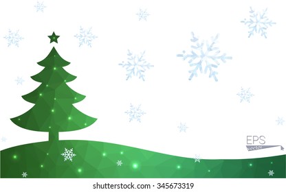 Green postcard low polygon style christmas tree vector illustration consisting of triangles.Abstract triangular polygonal origami or crystal design of New Year celebration.Isolated on white background