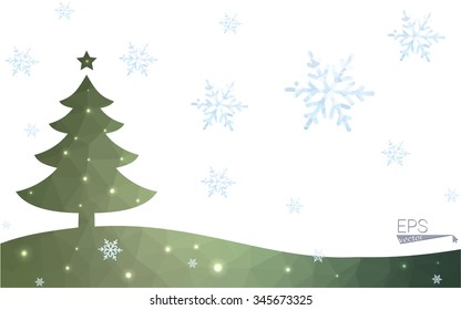 Green postcard low polygon style christmas tree vector illustration consisting of triangles.Abstract triangular polygonal origami or crystal design of New Year celebration.Isolated on white background