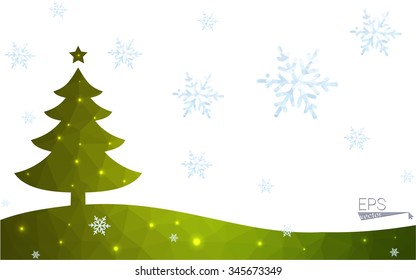 Green postcard low polygon style christmas tree vector illustration consisting of triangles.Abstract triangular polygonal origami or crystal design of New Year celebration.Isolated on white background
