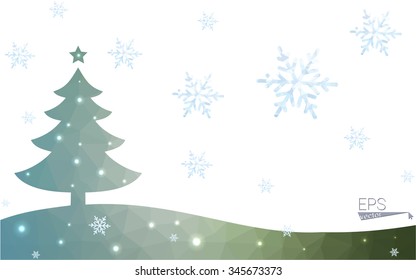 Green postcard low polygon style christmas tree vector illustration consisting of triangles.Abstract triangular polygonal origami or crystal design of New Year celebration.Isolated on white background