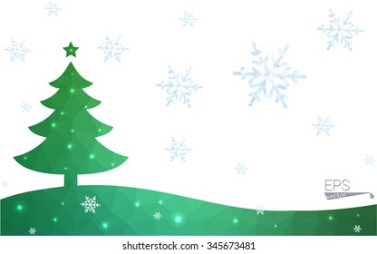 Green postcard low polygon style christmas tree vector illustration consisting of triangles.Abstract triangular polygonal origami or crystal design of New Year celebration.Isolated on white background