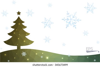 Green postcard low polygon style christmas tree vector illustration consisting of triangles.Abstract triangular polygonal origami or crystal design of New Year celebration.Isolated on white background