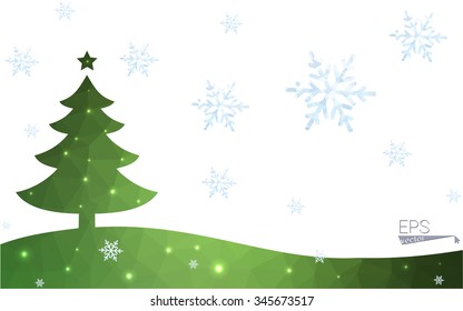 Green postcard low polygon style christmas tree vector illustration consisting of triangles.Abstract triangular polygonal origami or crystal design of New Year celebration.Isolated on white background