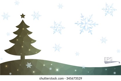 Green postcard low polygon style christmas tree vector illustration consisting of triangles.Abstract triangular polygonal origami or crystal design of New Year celebration.Isolated on white background