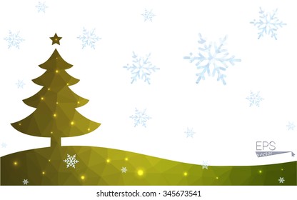 Green postcard low polygon style christmas tree vector illustration consisting of triangles.Abstract triangular polygonal origami or crystal design of New Year celebration.Isolated on white background