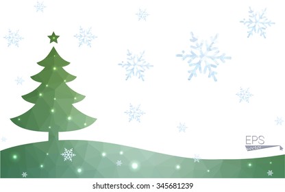 Green postcard low polygon style christmas tree vector illustration consisting of triangles.Abstract triangular polygonal origami or crystal design of New Year celebration.Isolated on white background