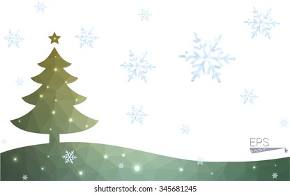 Green postcard low polygon style christmas tree vector illustration consisting of triangles.Abstract triangular polygonal origami or crystal design of New Year celebration.Isolated on white background