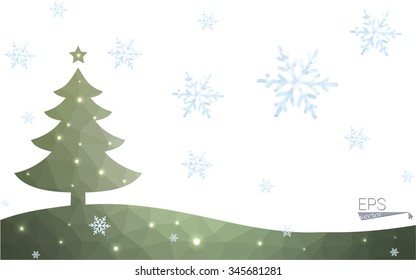 Green postcard low polygon style christmas tree vector illustration consisting of triangles.Abstract triangular polygonal origami or crystal design of New Year celebration.Isolated on white background