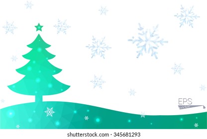 Green postcard low polygon style christmas tree vector illustration consisting of triangles.Abstract triangular polygonal origami or crystal design of New Year celebration.Isolated on white background