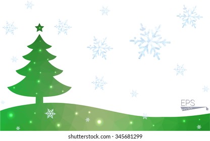 Green postcard low polygon style christmas tree vector illustration consisting of triangles.Abstract triangular polygonal origami or crystal design of New Year celebration.Isolated on white background