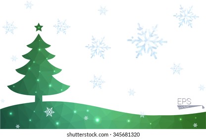 Green postcard low polygon style christmas tree vector illustration consisting of triangles.Abstract triangular polygonal origami or crystal design of New Year celebration.Isolated on white background
