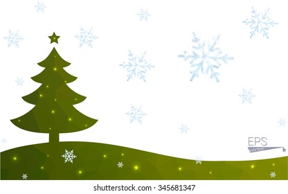 Green postcard low polygon style christmas tree vector illustration consisting of triangles.Abstract triangular polygonal origami or crystal design of New Year celebration.Isolated on white background