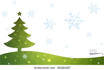 Green postcard low polygon style christmas tree vector illustration consisting of triangles.Abstract triangular polygonal origami or crystal design of New Year celebration.Isolated on white background