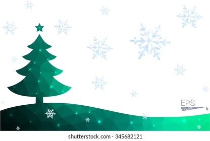 Green postcard low polygon style christmas tree vector illustration consisting of triangles.Abstract triangular polygonal origami or crystal design of New Year celebration.Isolated on white background