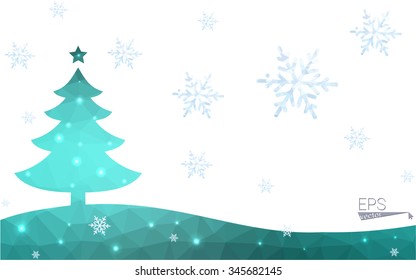 Green postcard low polygon style christmas tree vector illustration consisting of triangles.Abstract triangular polygonal origami or crystal design of New Year celebration.Isolated on white background