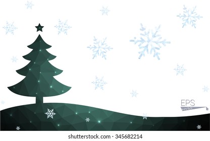 Green postcard low polygon style christmas tree vector illustration consisting of triangles.Abstract triangular polygonal origami or crystal design of New Year celebration.Isolated on white background