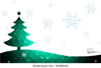 Green postcard low polygon style christmas tree vector illustration consisting of triangles.Abstract triangular polygonal origami or crystal design of New Year celebration.Isolated on white background