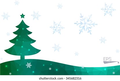 Green postcard low polygon style christmas tree vector illustration consisting of triangles.Abstract triangular polygonal origami or crystal design of New Year celebration.Isolated on white background