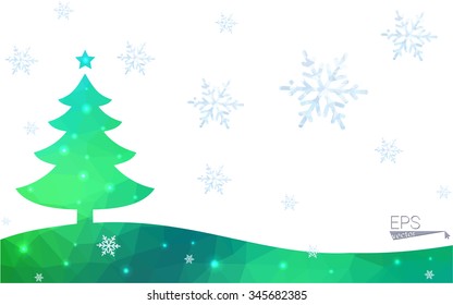 Green postcard low polygon style christmas tree vector illustration consisting of triangles.Abstract triangular polygonal origami or crystal design of New Year celebration.Isolated on white background