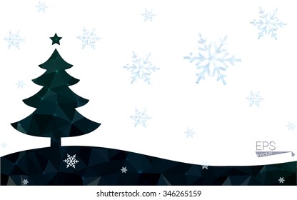Green postcard low polygon style christmas tree vector illustration consisting of triangles.Abstract triangular polygonal origami or crystal design of New Year celebration.Isolated on white background