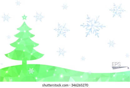Green postcard low polygon style christmas tree vector illustration consisting of triangles.Abstract triangular polygonal origami or crystal design of New Year celebration.Isolated on white background
