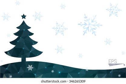 Green postcard low polygon style christmas tree vector illustration consisting of triangles.Abstract triangular polygonal origami or crystal design of New Year celebration.Isolated on white background