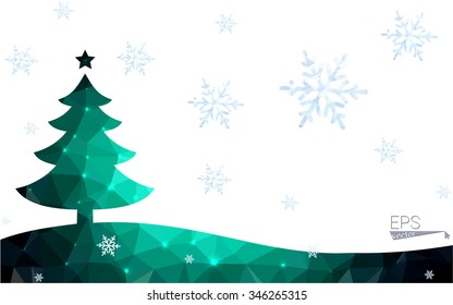 Green postcard low polygon style christmas tree vector illustration consisting of triangles.Abstract triangular polygonal origami or crystal design of New Year celebration.Isolated on white background