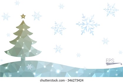 Green postcard low polygon style christmas tree vector illustration consisting of triangles.Abstract triangular polygonal origami or crystal design of New Year celebration.Isolated on white background