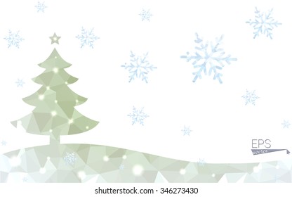 Green postcard low polygon style christmas tree vector illustration consisting of triangles.Abstract triangular polygonal origami or crystal design of New Year celebration.Isolated on white background