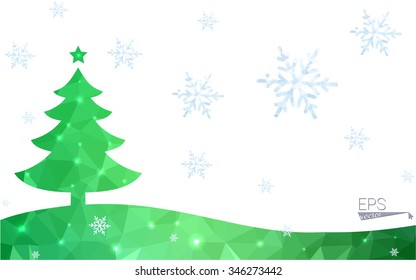 Green postcard low polygon style christmas tree vector illustration consisting of triangles.Abstract triangular polygonal origami or crystal design of New Year celebration.Isolated on white background