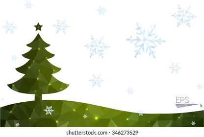 Green postcard low polygon style christmas tree vector illustration consisting of triangles.Abstract triangular polygonal origami or crystal design of New Year celebration.Isolated on white background