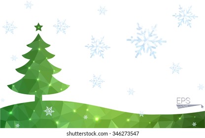 Green postcard low polygon style christmas tree vector illustration consisting of triangles.Abstract triangular polygonal origami or crystal design of New Year celebration.Isolated on white background