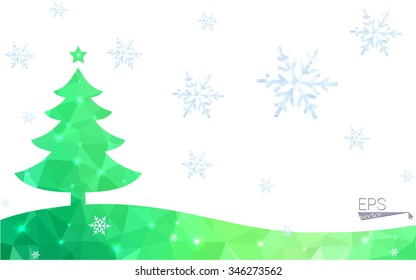 Green postcard low polygon style christmas tree vector illustration consisting of triangles.Abstract triangular polygonal origami or crystal design of New Year celebration.Isolated on white background