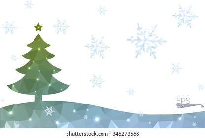 Green postcard low polygon style christmas tree vector illustration consisting of triangles.Abstract triangular polygonal origami or crystal design of New Year celebration.Isolated on white background