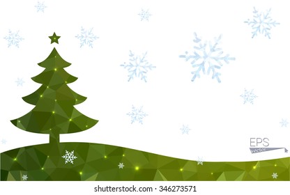 Green postcard low polygon style christmas tree vector illustration consisting of triangles.Abstract triangular polygonal origami or crystal design of New Year celebration.Isolated on white background