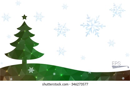 Green postcard low polygon style christmas tree vector illustration consisting of triangles.Abstract triangular polygonal origami or crystal design of New Year celebration.Isolated on white background
