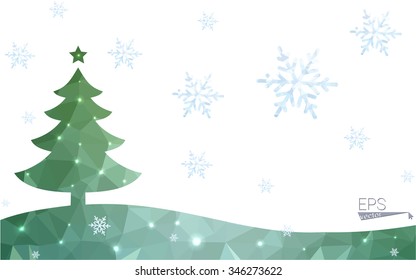 Green postcard low polygon style christmas tree vector illustration consisting of triangles.Abstract triangular polygonal origami or crystal design of New Year celebration.Isolated on white background
