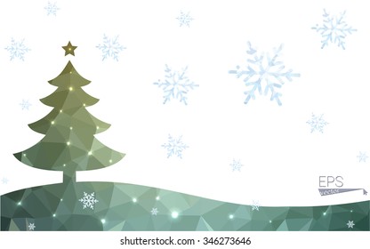 Green postcard low polygon style christmas tree vector illustration consisting of triangles.Abstract triangular polygonal origami or crystal design of New Year celebration.Isolated on white background